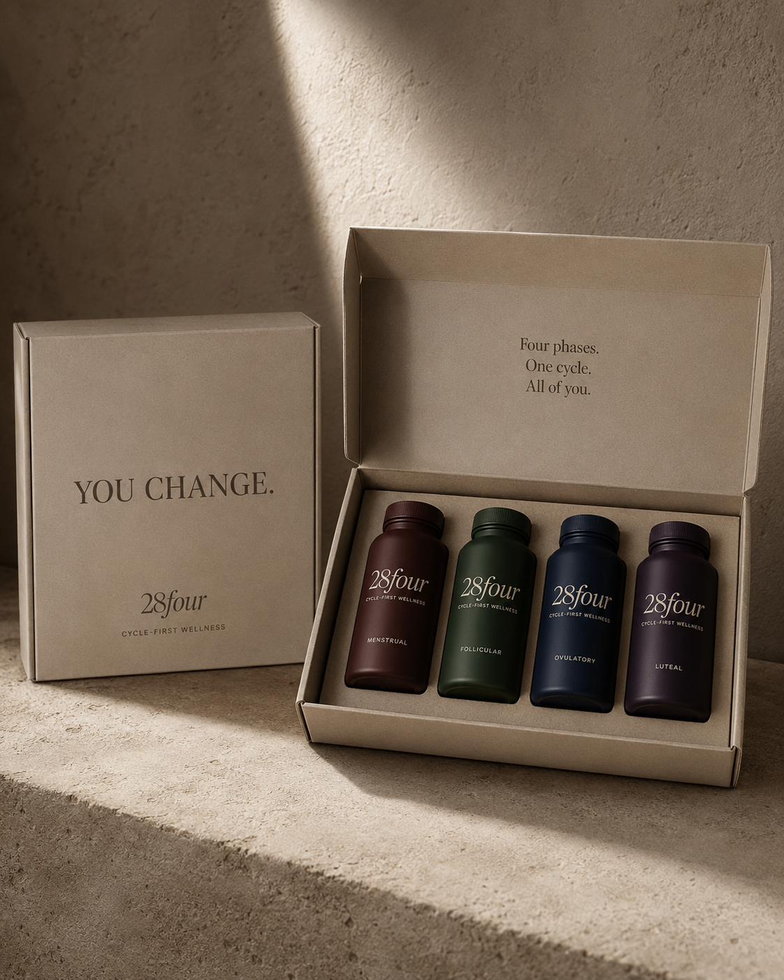 The 28FOUR Starter System presentation box with four phase-specific bottles